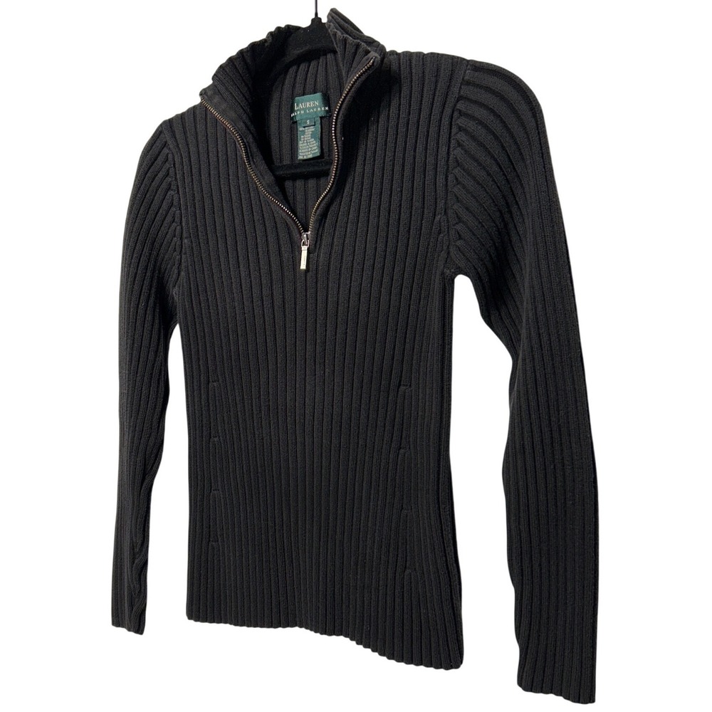 Vtg Lauren Ralph Lauren Womens Black Ribbed Quarter Zip Mock Neck Sweater Small